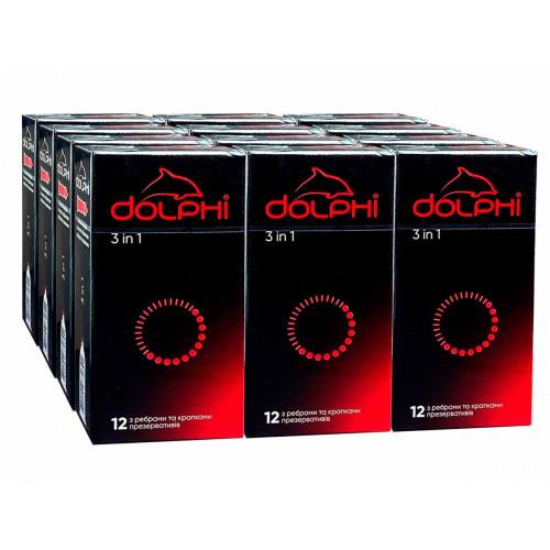 Блок презервативів Dolphi 3в1 ребристо-точкові 144шт (12 пачок по 12шт) - Фото№1