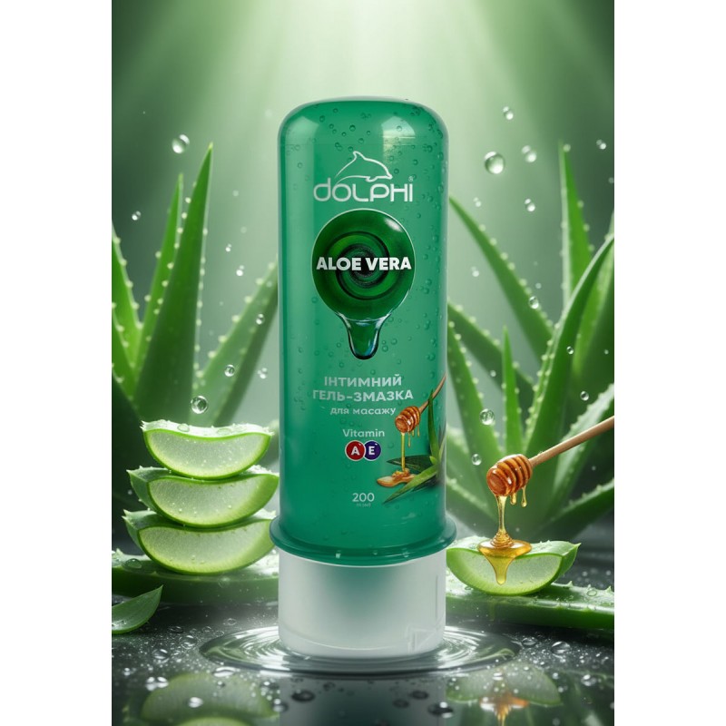 Прозрачный пластиковый флакон Dolphi Aloe Vera 200мл с зелёной крышкой и надписями