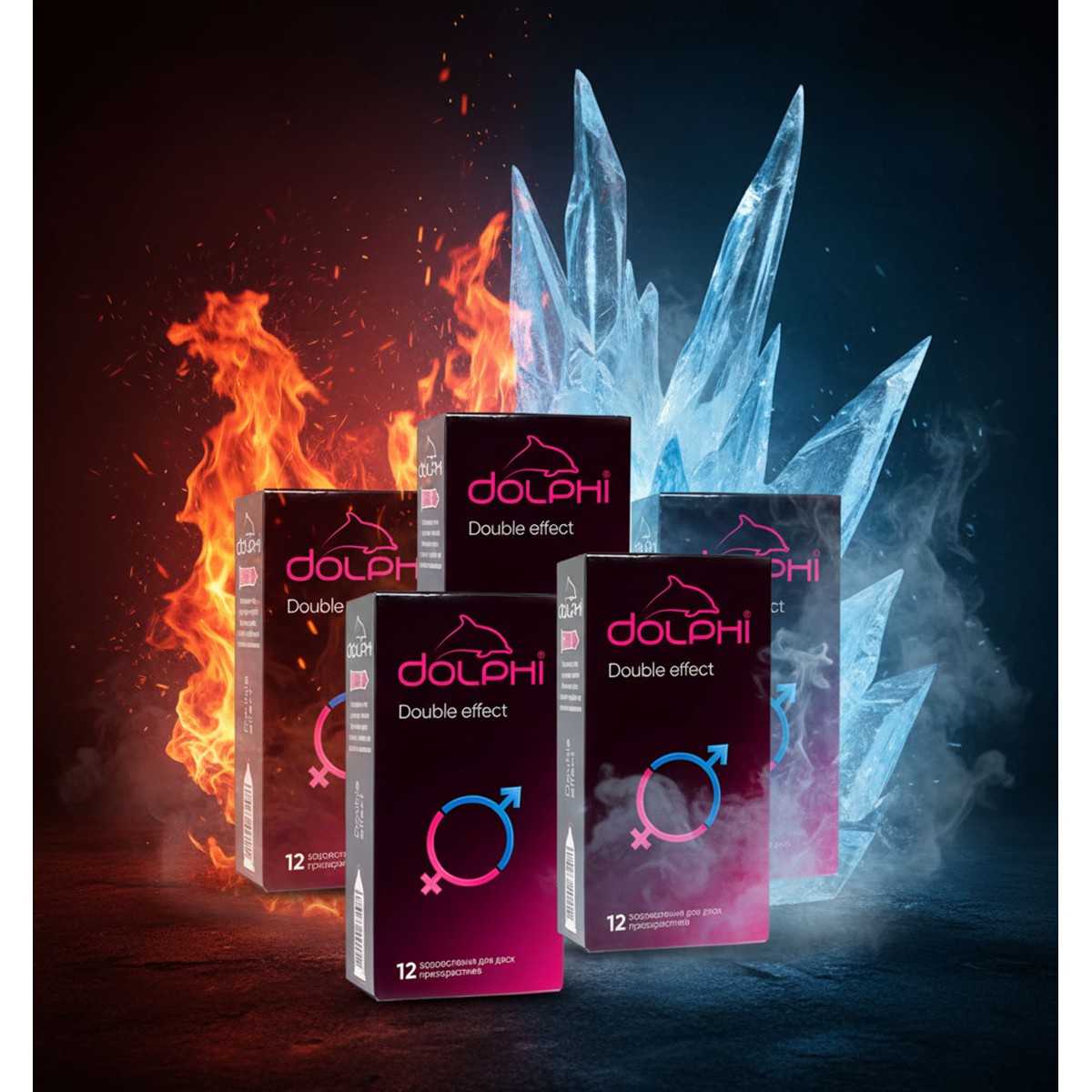 Презервативы Dolphi Double Effect точки и ребра, пролонгирующие разогревающие 60шт (5 пачек по 12шт)