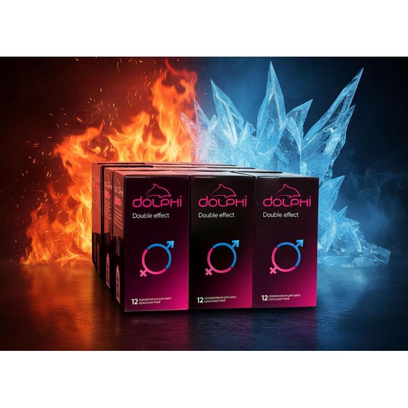 Матовая синяя коробка Dolphi Double Effect с изображением анатомического кондома и надписью 12 штук
