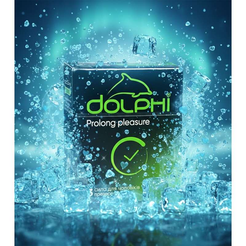Темно-синя упаковка Dolphi Prolong Pleasure з написом, позначкою 3 шт та сріблястими елементами