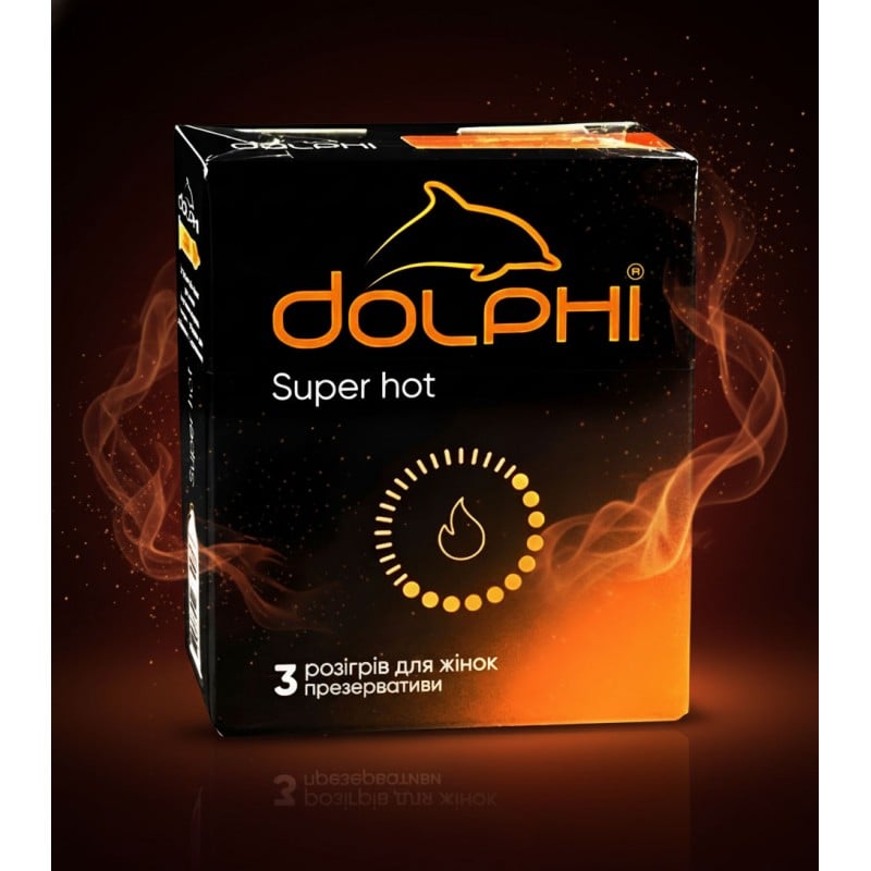 Чорна коробка Dolphi Super Hot із червоним полум’ям, написом та кількістю 3 шт