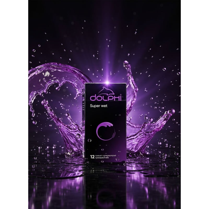 Синя картонна упаковка Dolphi Super Wet з написом super thin, 12 штук, додатковий змащувач