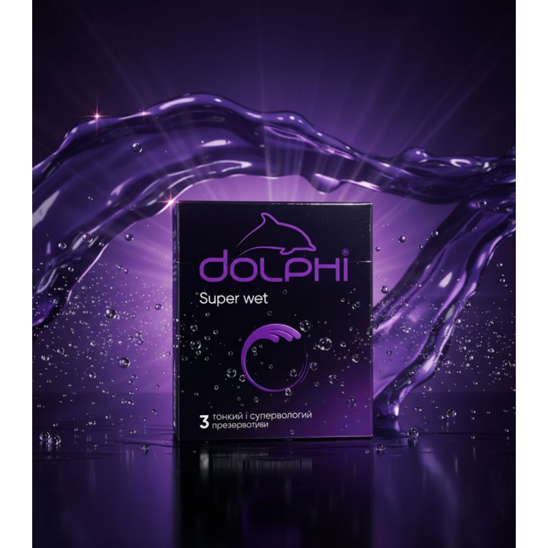 Темно-синяя упаковка Dolphi Super Wet с белым и голубым логотипом, надпись 3 шт
