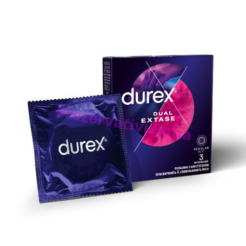 Презервативы латексные с силиконовой смазкой DUREX Dual Extase (рельефные с анестетиком), 3 шт. - Фото№1