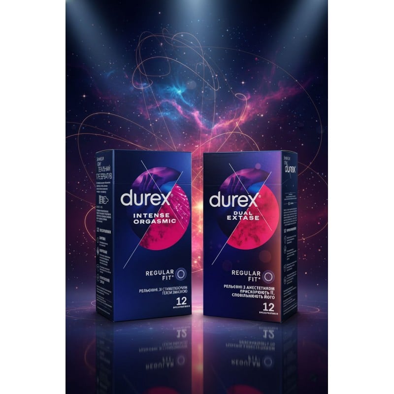 Две разноцветные коробки презервативов Durex Dual Orgasmic по 12 штук на белом фоне