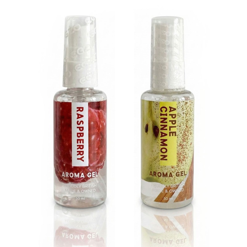 Два флакони EGZO Aroma Gel зі смаком яблука та малини на білому фоні