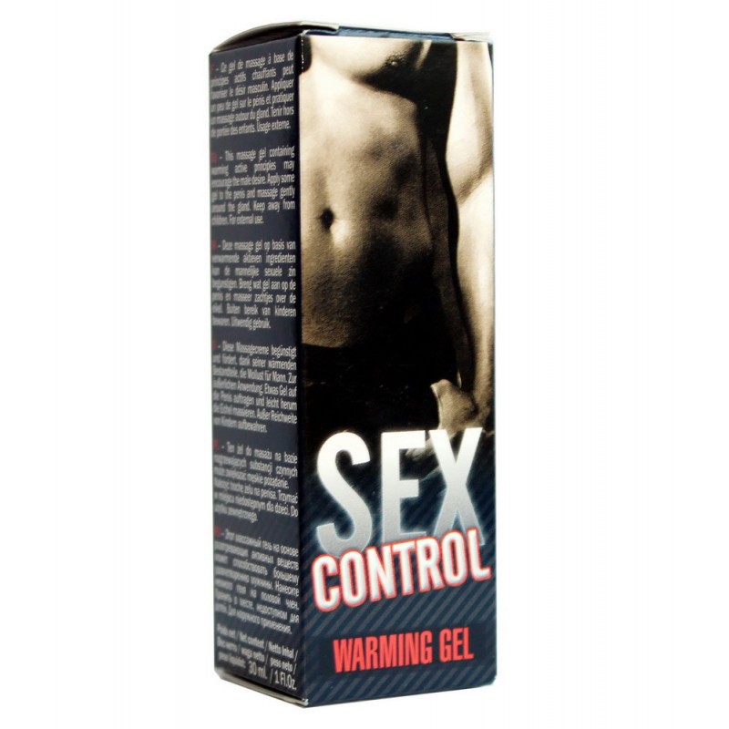 Прозорий флакон з помаранчевим гелем SEX CONTROL WARMING GEL 30мл на білому фоні
