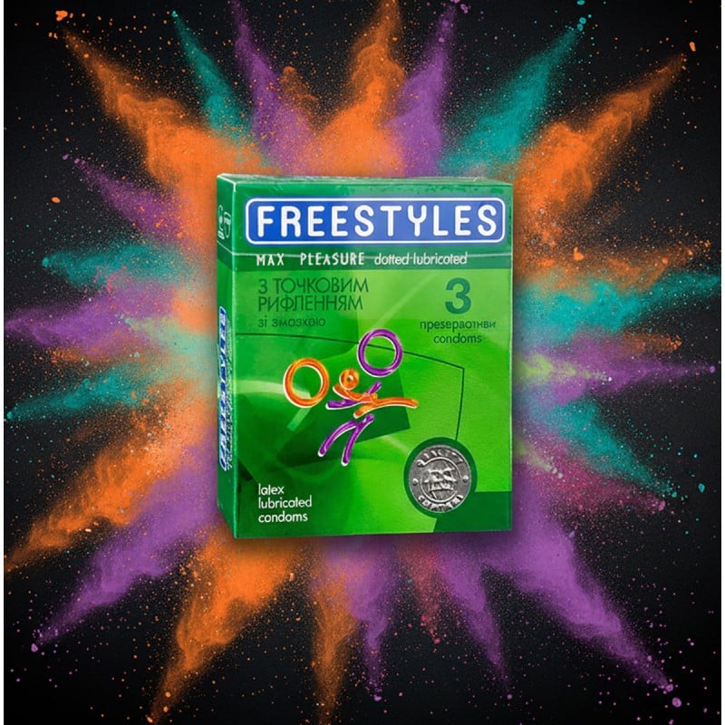 Ярко-синие коробки FREESTYLES Max Pleasure с фиолетово-розовыми акцентами, 10 упаковок по 3 шт