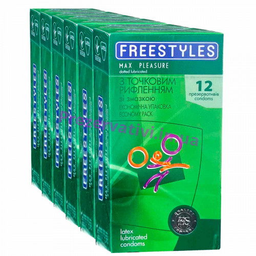 Блок презервативов FREESTYLES 72шт Max Pleasure точечные (6 пачек по 12шт) - Фото№1