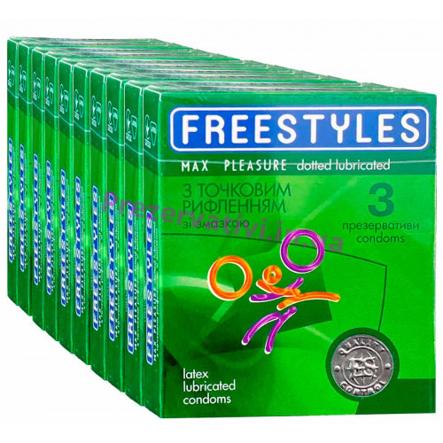 Блок презервативов FREESTYLES №30 Max Pleasure точечные (10 пачек по 3шт) - Фото№1