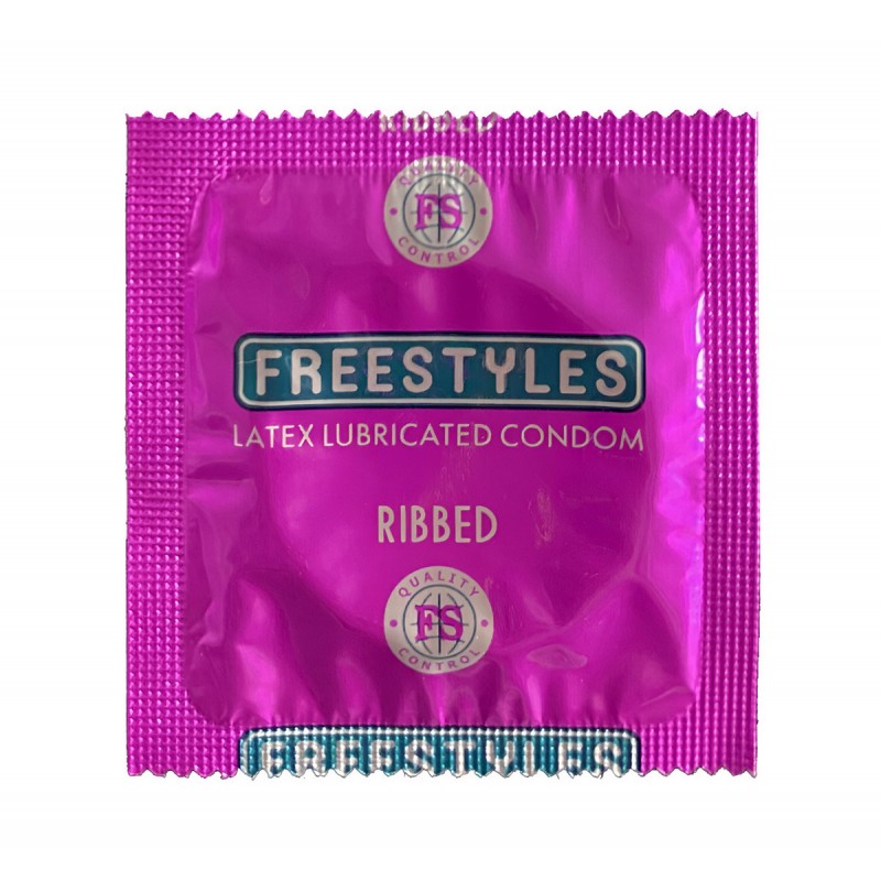 Синя коробка FREESTYLES Ribbed з жовтим написом, 12 ребристих презервативів