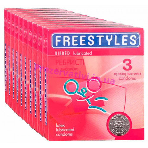 Блок презервативов FREESTYLES 30шт Ribbed ребристые (10 пачек по 3шт) - Фото№1