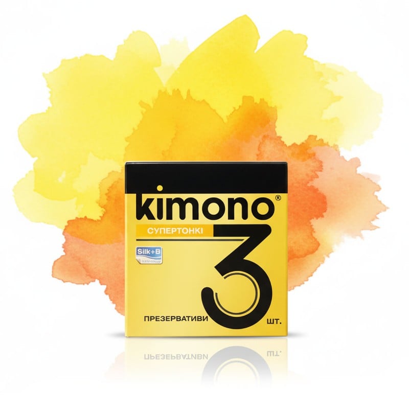 Синий фон, белая упаковка презервативов Kimono с надписью Superthin 3 шт