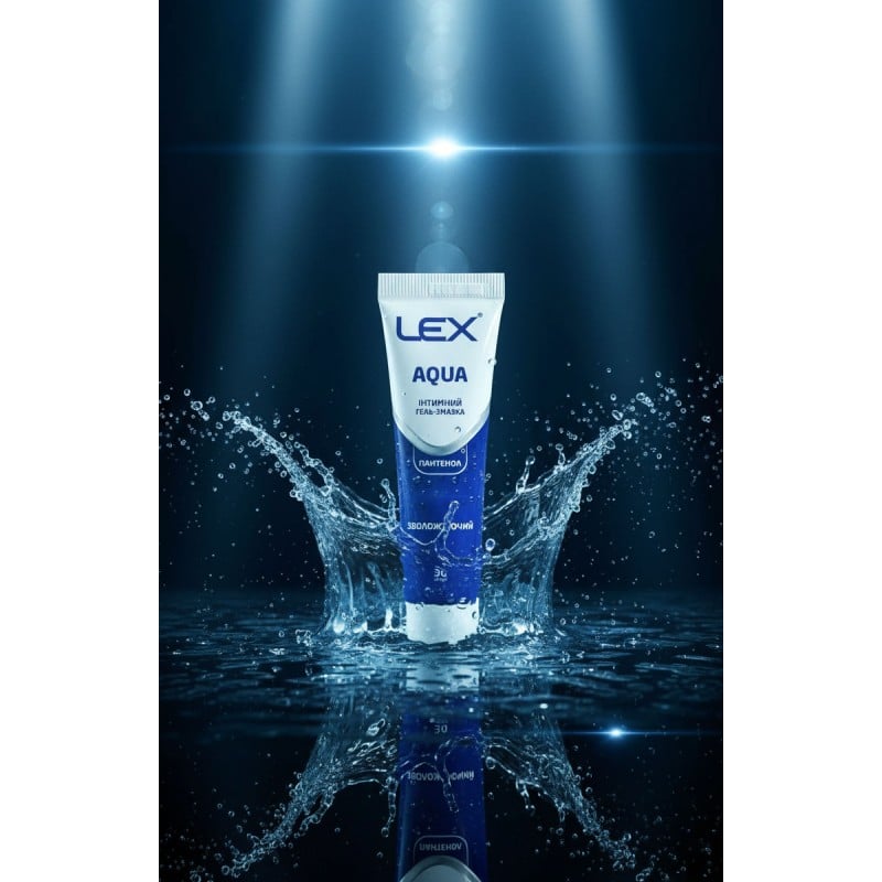 Прозрачный тюбик синим колпачком Lex AQUA 30мл с надписью пантенол увлажняющая