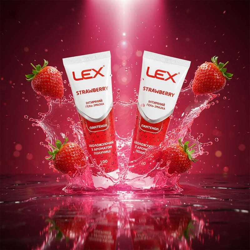 Прозрачный флакон Lex с клубникой, надпись Strawberry, пантенол, объем 100 мл, 2 шт