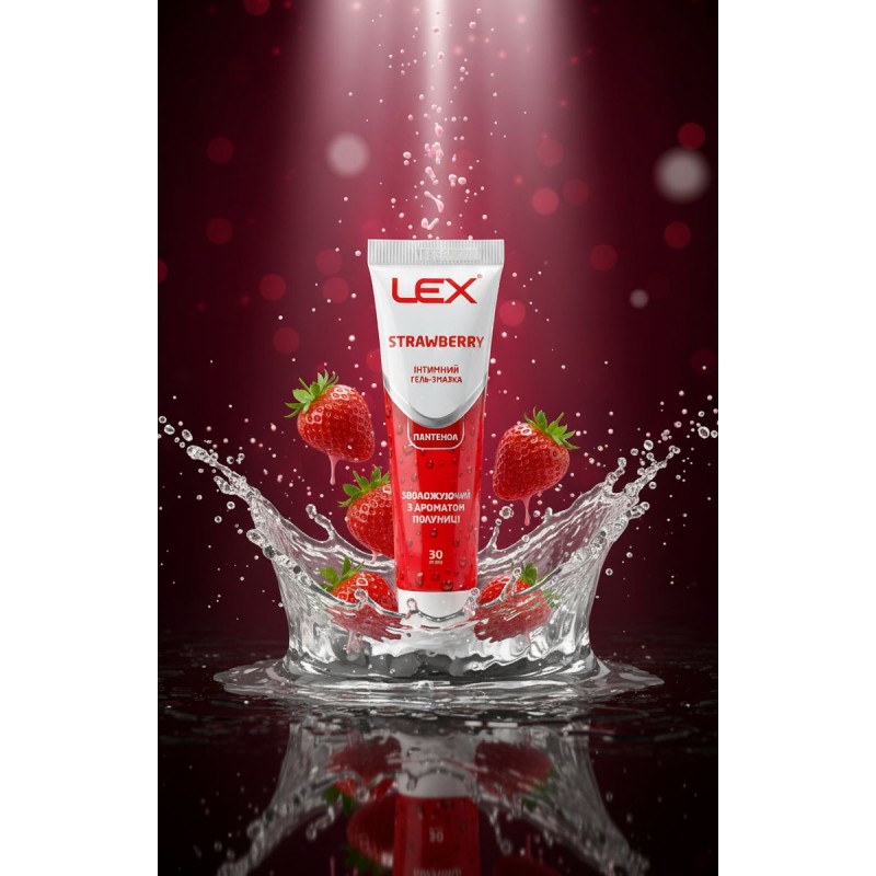 Червоний тюбик лубриканта Lex Strawberry 30мл із зображенням полуниці на білому фоні
