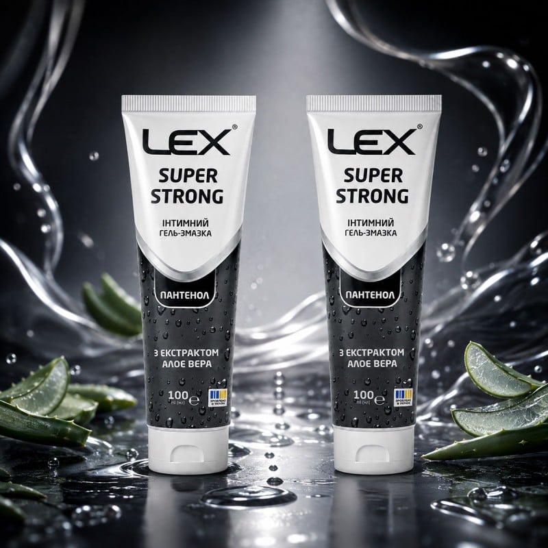 Два прозорі флакони Lex Super Strong 100мл із зеленими та помаранчевими акцентами, набір 2шт