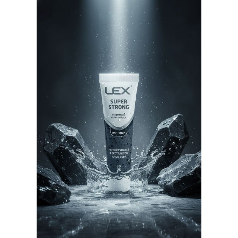 Белая туба с зелёной и синей надписью Lex Super Strong 30мл пантенол алоэ вера на белом фоне