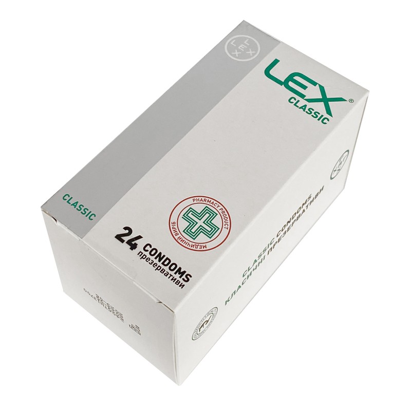 Синий фон, белая коробка презервативов LEX Classic 24 шт с синими и серебристыми элементами
