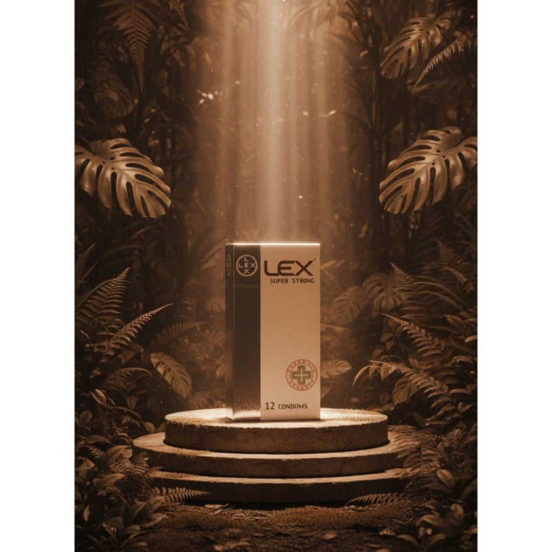 Темно-синяя коробка LEX Super Strong с надписью super strong и цифрой 12, изображение презерватива