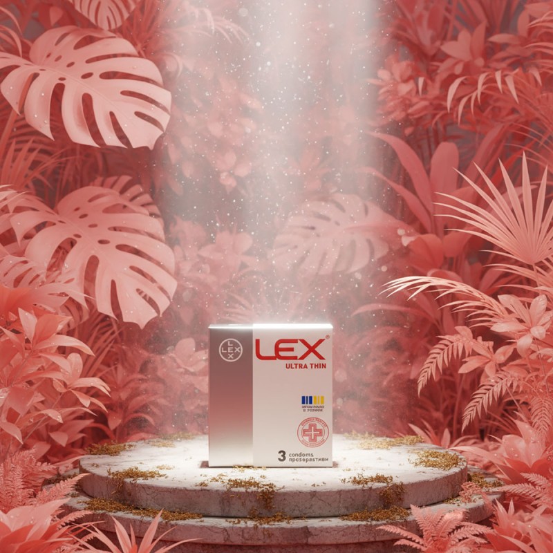 Синий фон, белый текст LEX Ultra Thin, надпись 3 шт, изображение презерватива