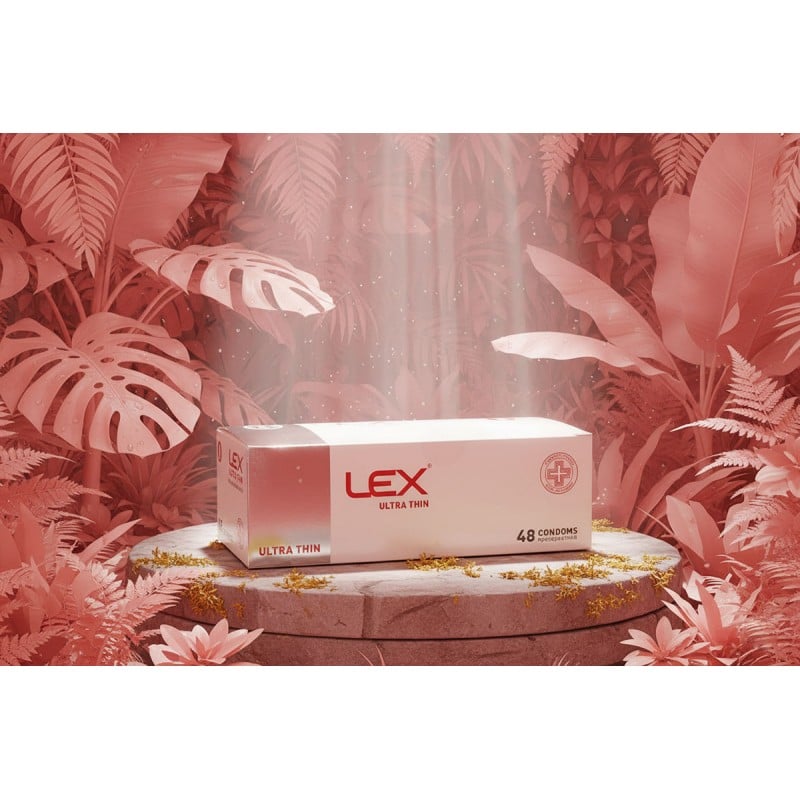 Темно-синя коробка LEX Ultra Thin з білим написом, позначкою 48 шт та жовтим елементом