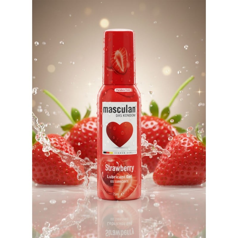 Білий тюбик Masculan Strawberry з червоною кришкою, напис та полуниця, 75 мл
