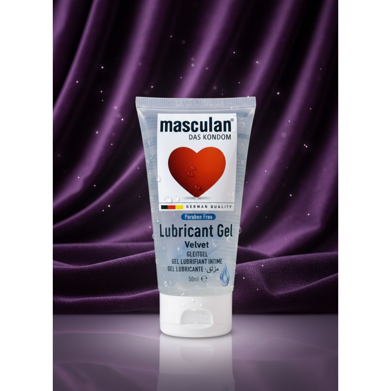 Прозрачный пластиковый тюбик с красной крышкой и логотипом Masculan Velvet 50мл