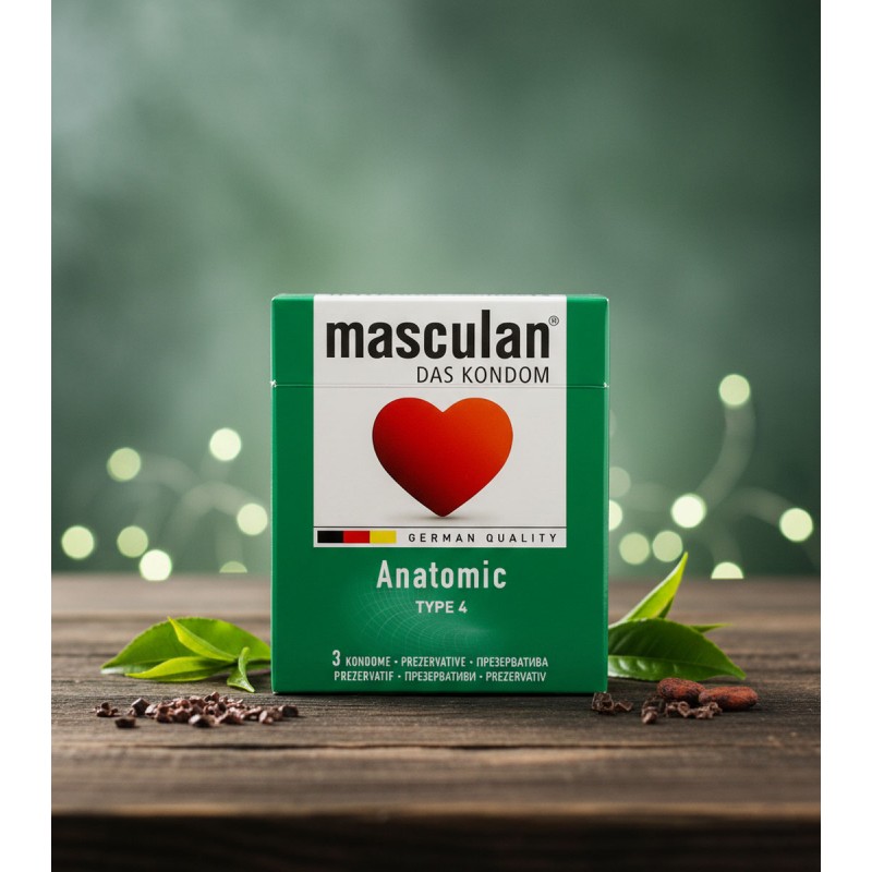 Светло-серая упаковка Masculan Anatomic с красным сердцем и надписью 3 презерватива
