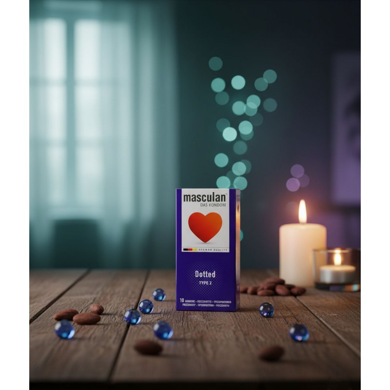 Біла коробка презервативів Masculan Dotted з червоним серцем, написом Dotted і кількістю 10 штук