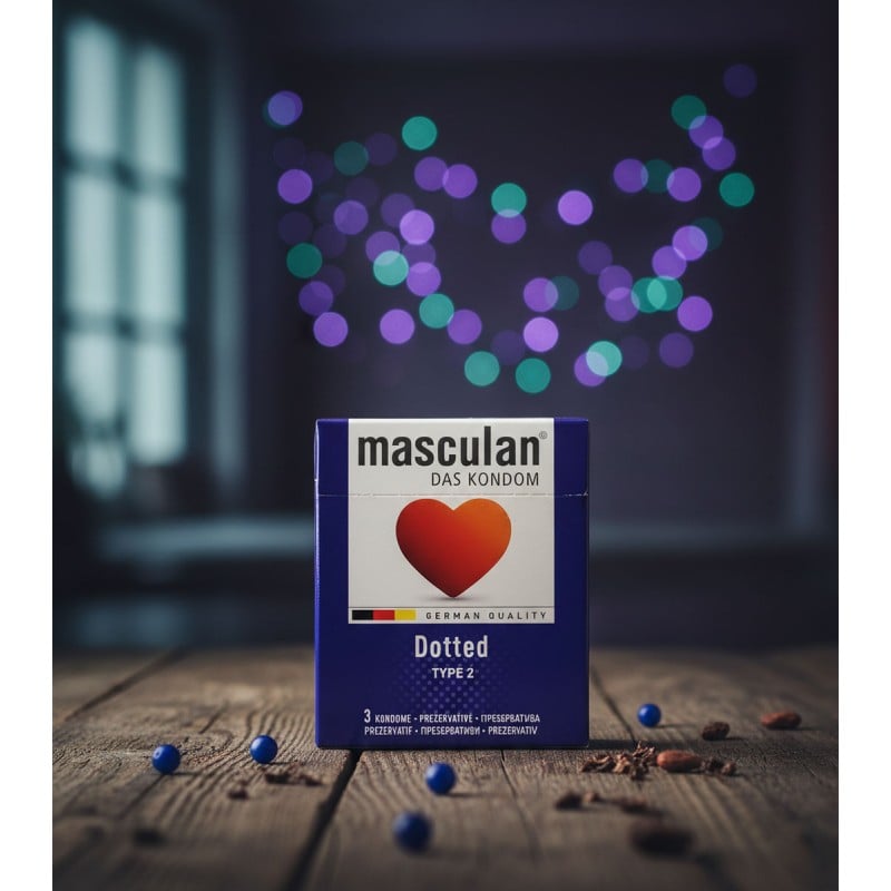 Біла картонна коробка з червоним серцем, напис Masculan Dotted, 3 штуки, німецький текст