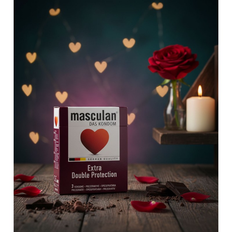 Сріблясто-червона коробка презервативів Masculan Extra Double Protection 3 шт із серцем на лицьовій стороні