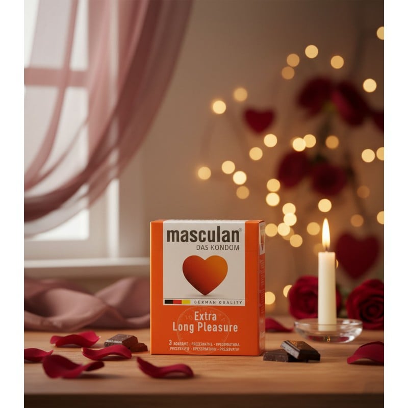 Темно-червона коробка презервативів Masculan Extra Long Pleasure 3шт з білим та жовтим написом
