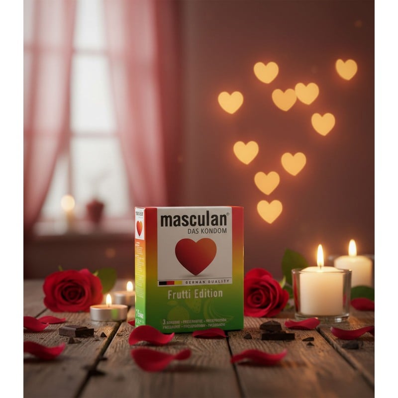 Яскрава упаковка з фруктами, напис Masculan Frutti Edition, кількість 3 шт