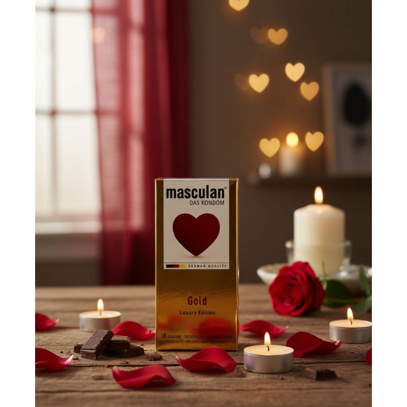 Золотистая коробка Masculan GOLD с красным сердцем и надписью 10 шт