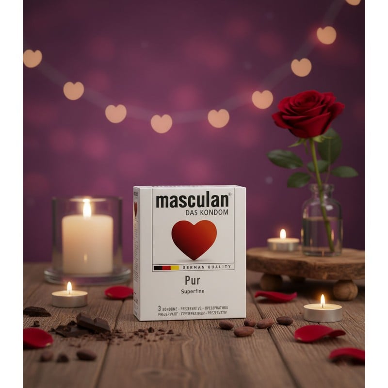 Белая коробка презервативов Masculan PUR с синим и серебристым оформлением, 3 штуки