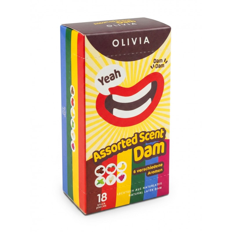 Яскрава упаковка Olivia Oral Dams з написом Mix та зображенням фруктів, 18 штук асорті