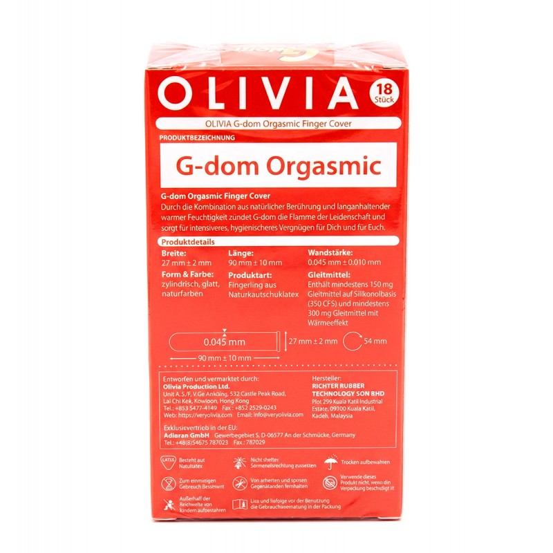 Біло-рожева упаковка Olivia G-Dom Orgasmic з написом 18 pcs та зображенням пальчикових презервативів