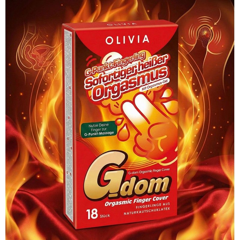 Біло-рожева коробка Olivia G-Dom Orgasmic 18 finger covers, позначка зі збуджуючим лубрикантом