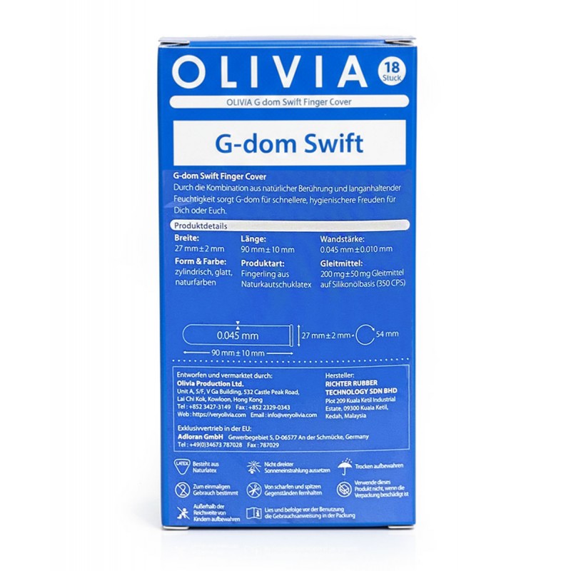 Білий фон, синя упаковка Olivia G-Dom Swift з написом 18 шт та позначкою силіконовий лубрикант