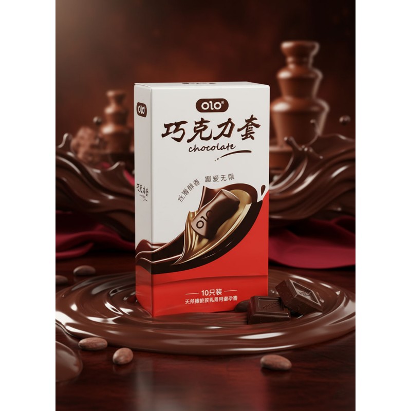 Коричнева упаковка Olo Oral Chocolate із зображенням шоколаду та написом 10 шт пролонгуючі