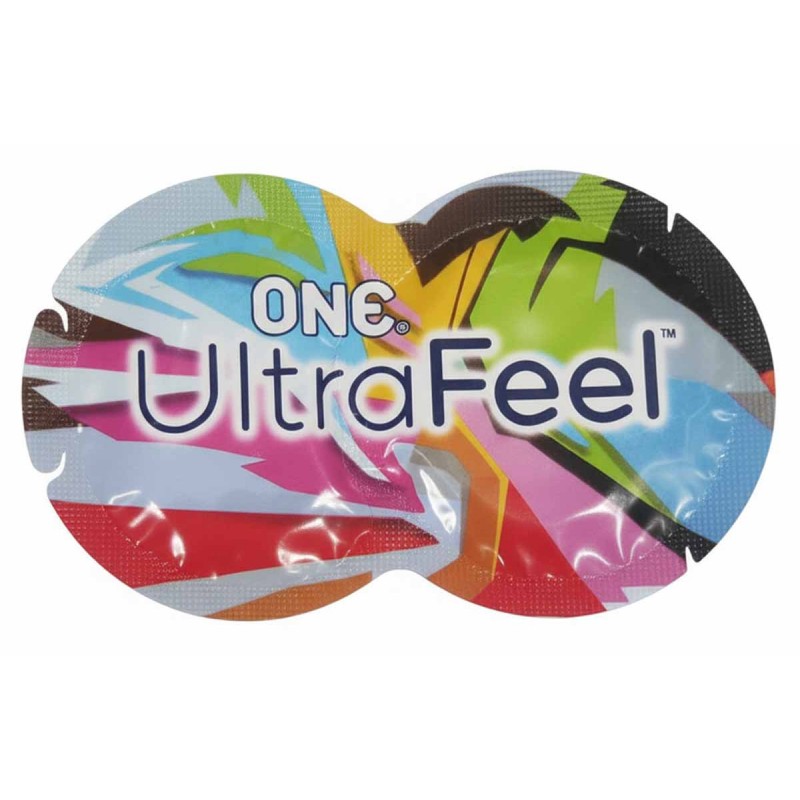 Сине-фиолетовая упаковка ONE Ultrafeel с надписью ultrafeel, 1 презерватив и лубрикант