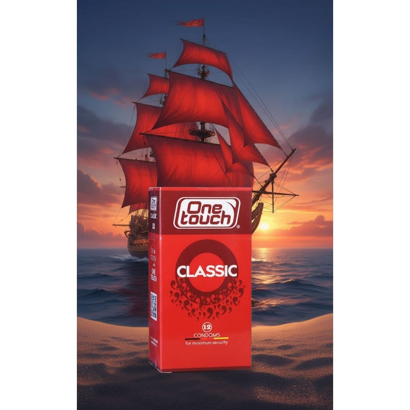 Черная коробка с синим кругом, надпись One touch Classic, 12 классических презервативов