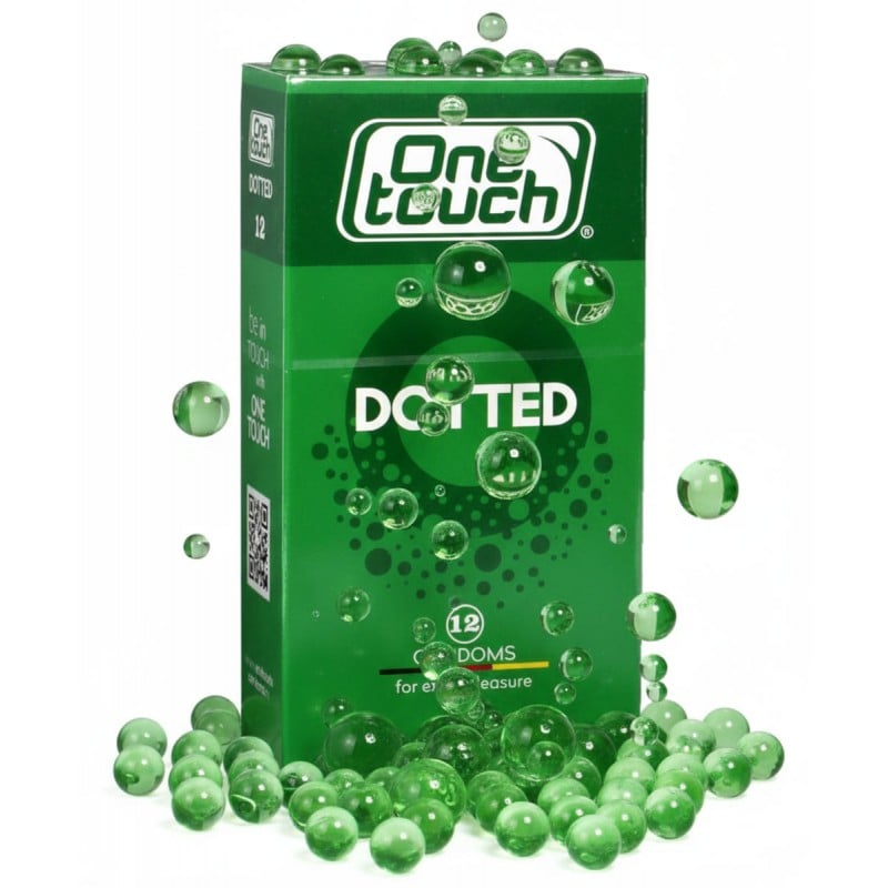 Темно-синя коробка One touch Dotted 12 штук з білим і жовтим текстом, зображення точок