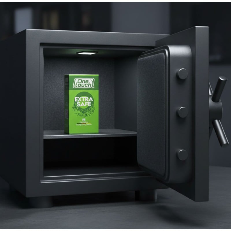 Темно-синя упаковка One touch Extra Safe 12 з білим та синім текстом, позначкою Extra Safe