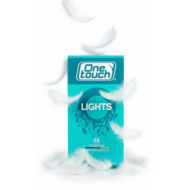 Темно-синя упаковка One touch Lights із жовтим написом 12 ультратонких презервативів