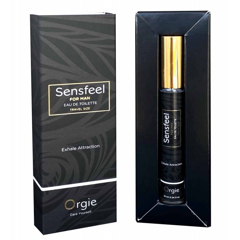 Чорний флакон Orgie SENSFEEL for man 10 мл із золотим написом на білому тлі