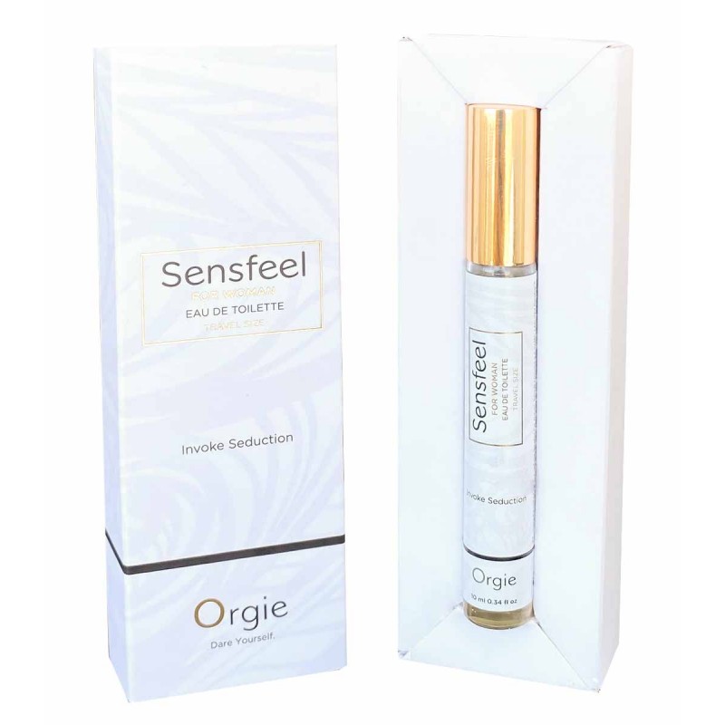 Прозрачный стеклянный флакон с черной крышкой и золотой этикеткой Orgie SENSFEEL 10 мл