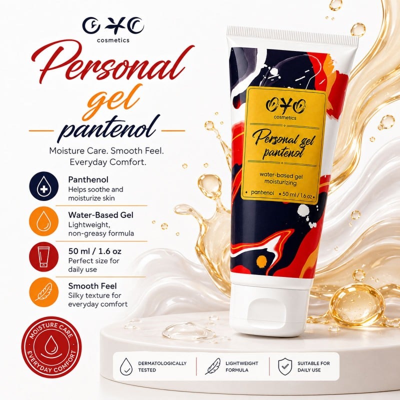 Прозрачный пластиковый тюбик сине-белого цвета с надписью OYO Personal gel Pantenol 50 мл